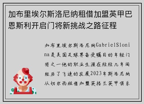 加布里埃尔斯洛尼纳租借加盟英甲巴恩斯利开启门将新挑战之路征程